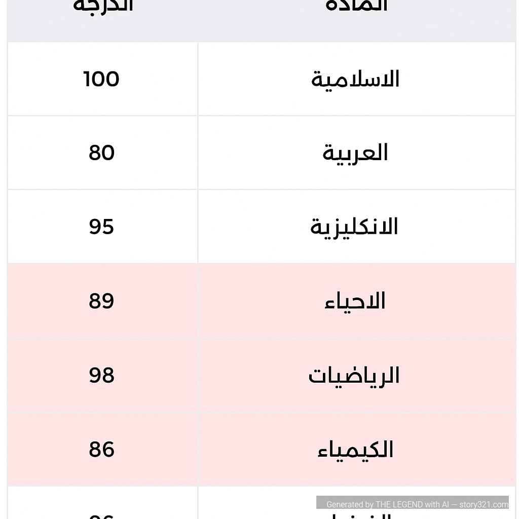 عدل على هاي خلي الاسلامية 100 والعربي 80 والانكليزي 95 والاحياء 89 والرياضيات 98 والكيمياء 86 والفيزياء 96