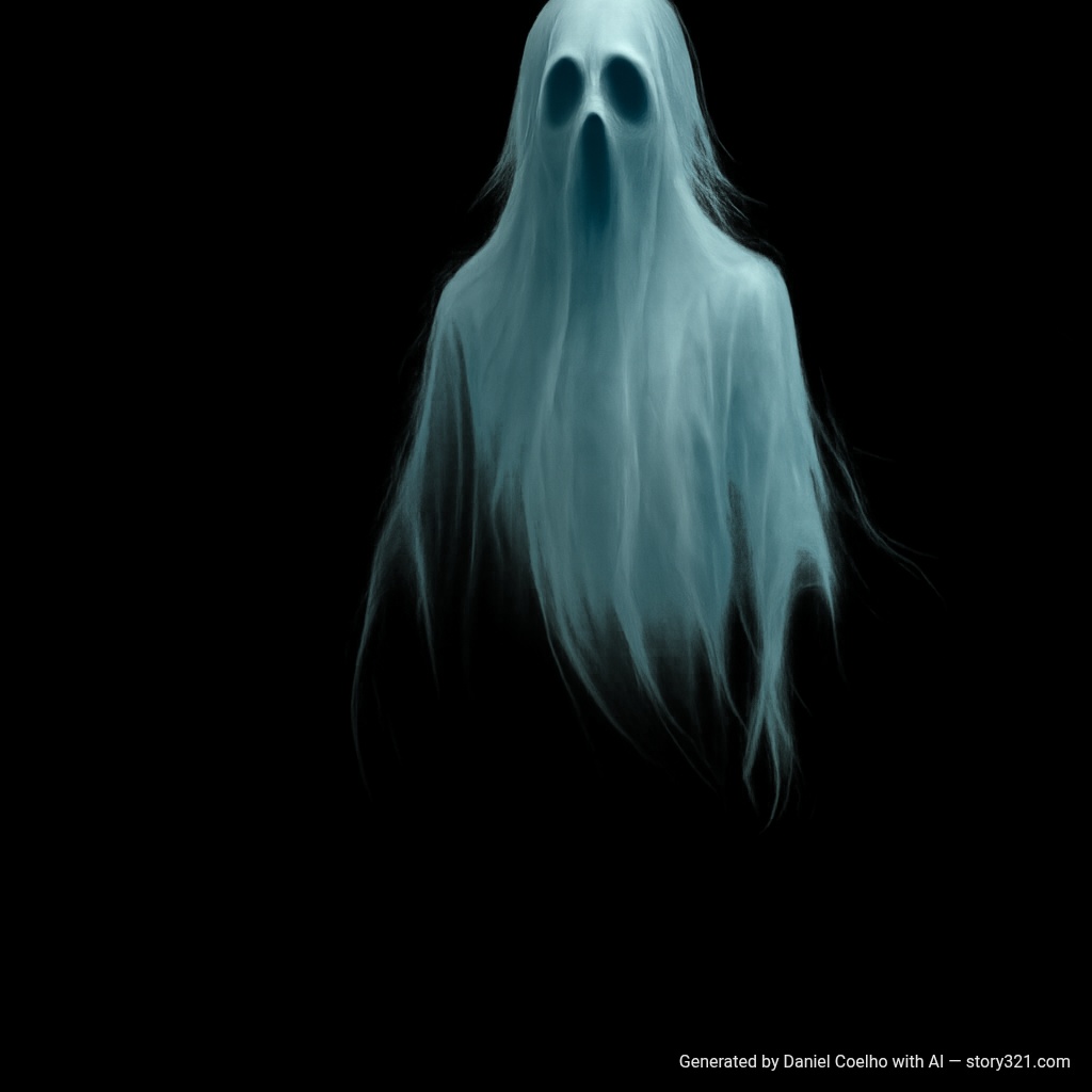 add a translucent, ethereal ghost figure to the photo. The ghost should appear semi-transparent with a flowing, wispy appearance, creating a spooky and supernatural atmosphere. The ghost can be floating or standing in the background, with a pale, glowing appearance that looks mysterious and haunting. The lighting should be adjusted to create an eerie mood while maintaining the overall quality of the image.