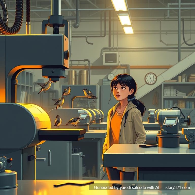 Un taller universitario con máquinas de mecanizado, herramientas y piezas de acero. Se ven chispas saltando de una máquina de corte mientras Camila observa con asombro. El ambiente tiene tonos cálidos de luz amarilla y naranja, reflejados en las superficies metálicas. estilo de novela grafica