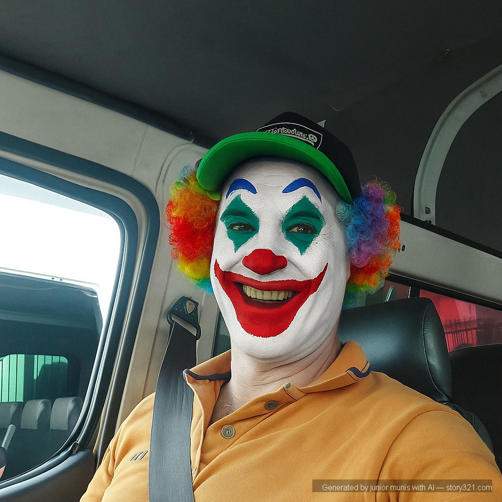 transform the person in the photo into a clown, with a white face, a big red nose, and colorful makeup. Add a clown wig and a cheerful but slightly creepy smile.