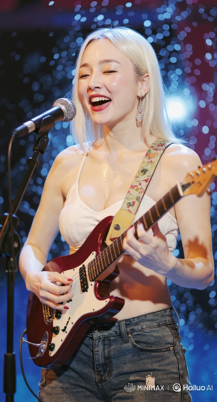 woman playing classic guitar, singing to standing mic
