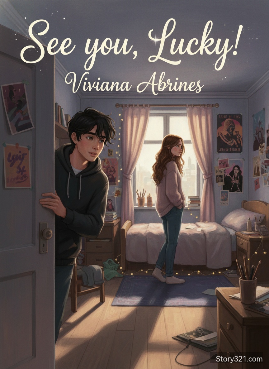 Jesteś ilustratorem z czterdziestoletnim doświadczeniem. Stwórz okładkę książki dla nastolatek. Na okładce znajdują się chłopak z czarnymi włosami i jasną skórą, który zagląda do pokoju, w którym stoi dziewczyna z brązowymi włosami i jasną skórą. Dodaj tytuł See you, Lucky! i autora – Viviana Abrines 