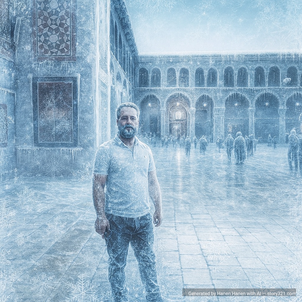 add realistic ice and frost effects to the photo, making objects and surfaces appear frozen. Add ice crystals, frost patterns, icicles, and a cold blue-white tint to create a frozen, winter atmosphere. The ice should look natural and well-integrated with the scene, with proper lighting, transparency, and reflections that make it appear as if the scene has been frozen or covered in ice.