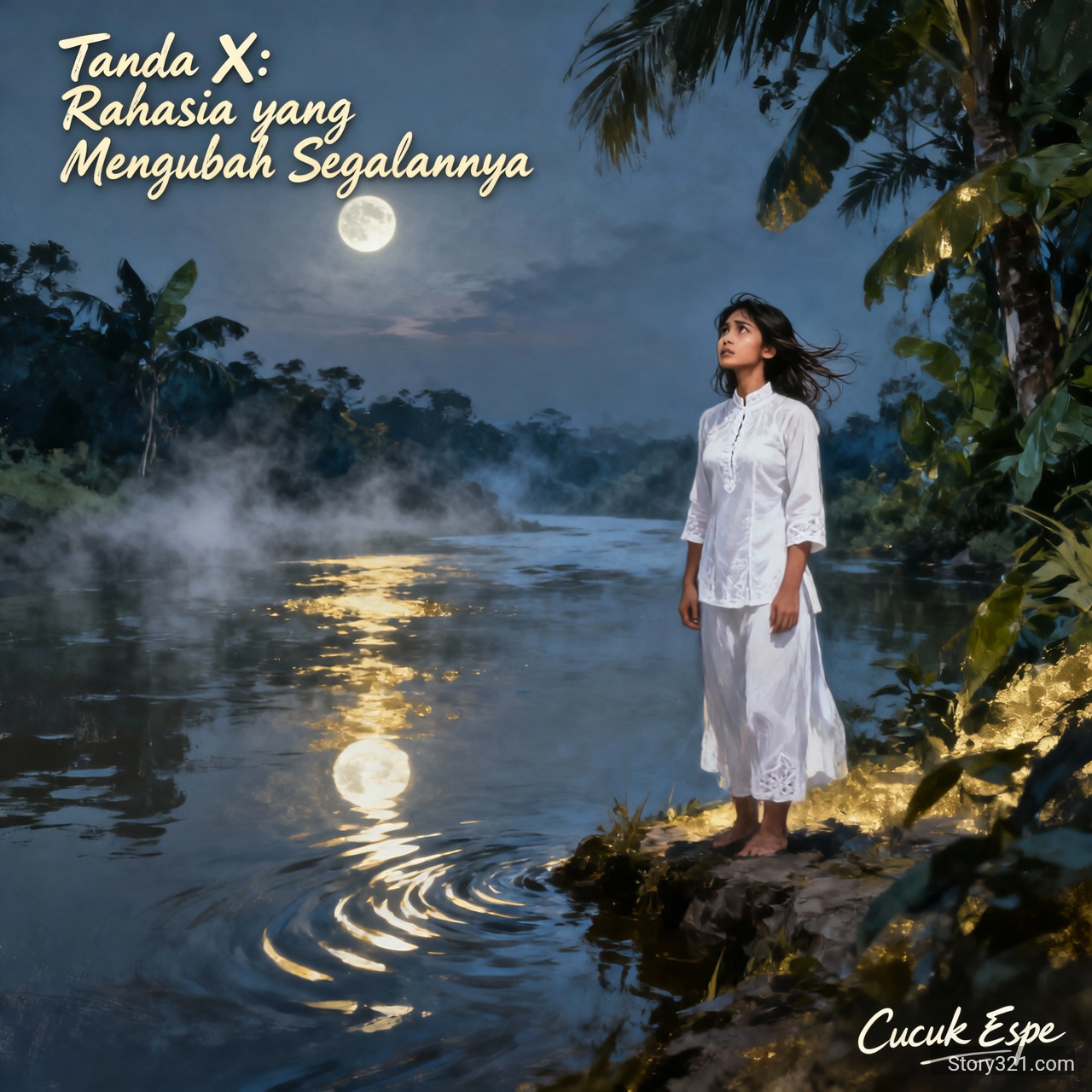 perempuan. muda di tepi sungai. suasana temaram
judul: Tanda X: Rahasia yang Mengubah Segalanya. 

Cucuk Espe