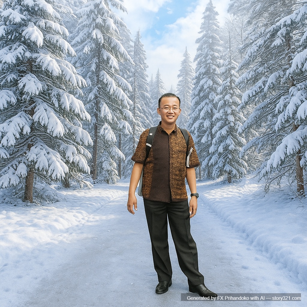 replace the background of the photo with a beautiful snowy landscape. The new background should be seamlessly integrated with the subject, creating a winter scene.