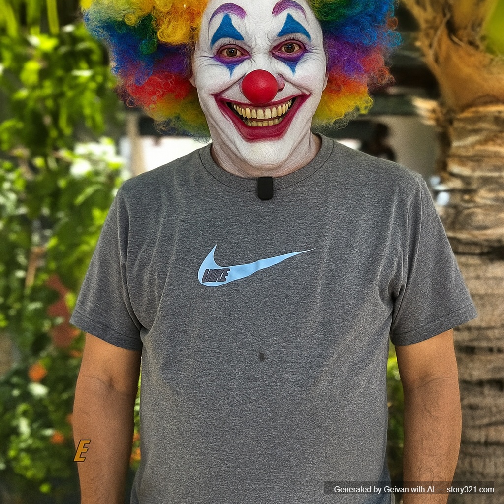 transform the person in the photo into a clown, with a white face, a big red nose, and colorful makeup. Add a clown wig and a cheerful but slightly creepy smile.
