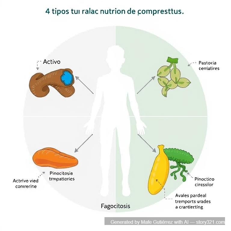 Realiza un dibujo sobre los 4 tipos de transporte de nutrientes(activo,pasivo,pinocitosis y fagocitosis) explicandolos