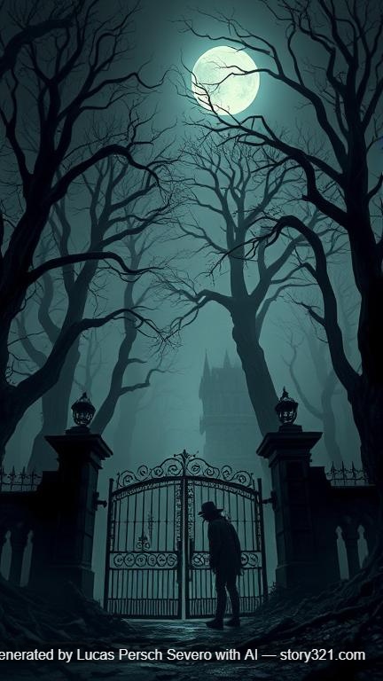 A mysterious abandoned forest, thick fog hanging low, twisted trees with no leaves, an old broken gate marking the entrance