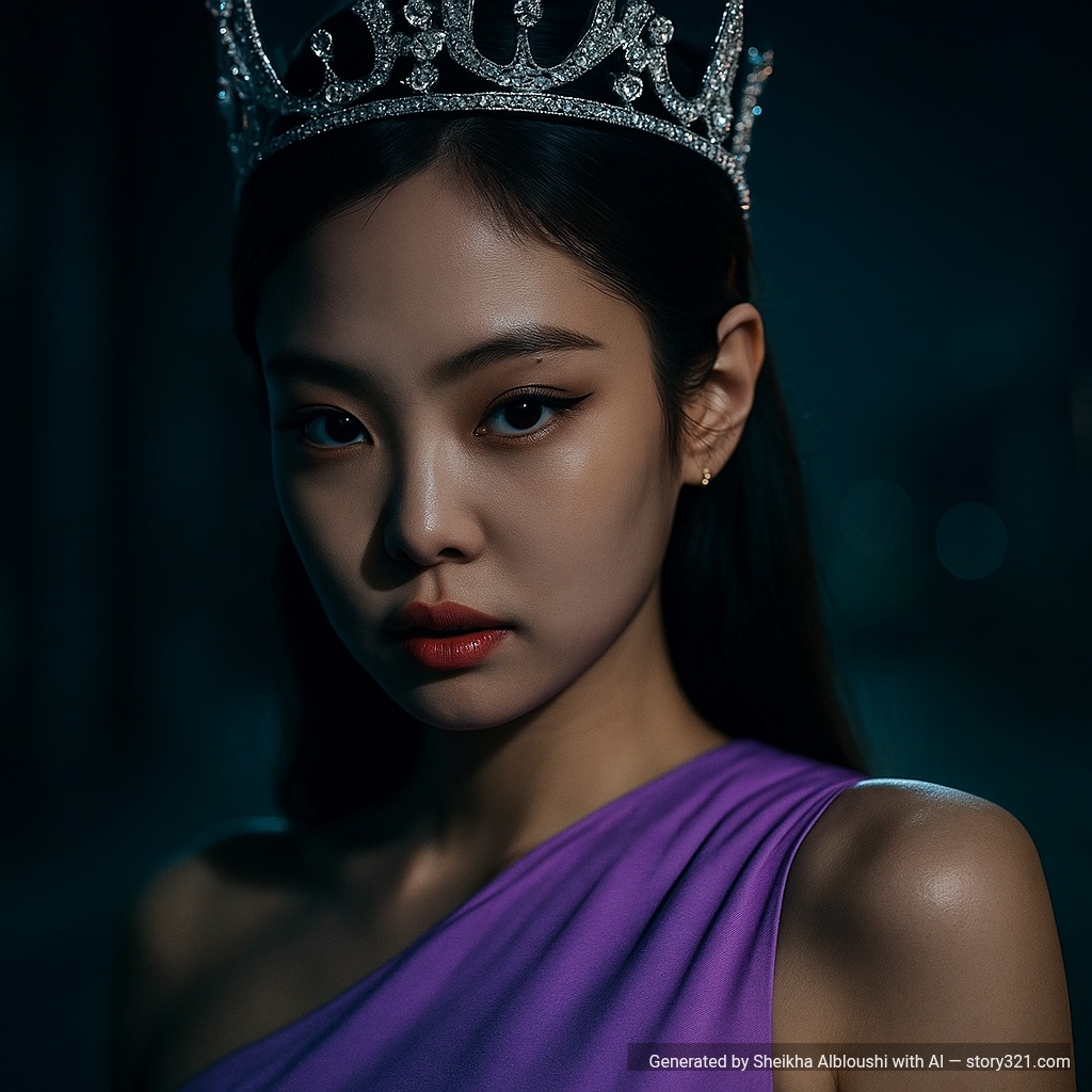 Create a close-up headshot of a female K-pop idol inspired by Jennie, showing only her face, with a dark street background. She is wearing a stylish purple outfit and a crown. Use cinematic lighting and dramatic shadows to give a photorealistic, high-quality K-pop style. The image should focus on her facial features, expression, and the crown, with a mysterious and powerful vibe, 4K resolution, and no full body visible.


---