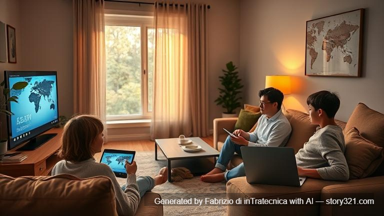 A cozy family living room in 8K ultra realism, parents and children using a smart TV, tablet, and laptop connected to high-speed internet, illuminated with warm natural light from a window.
