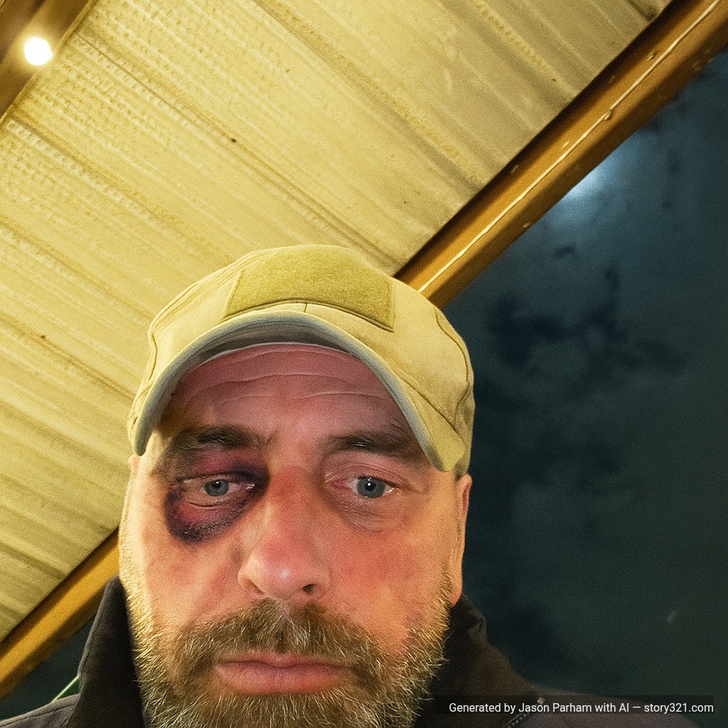 add a realistic black eye to the person in the photo. The bruising should look fresh and natural.