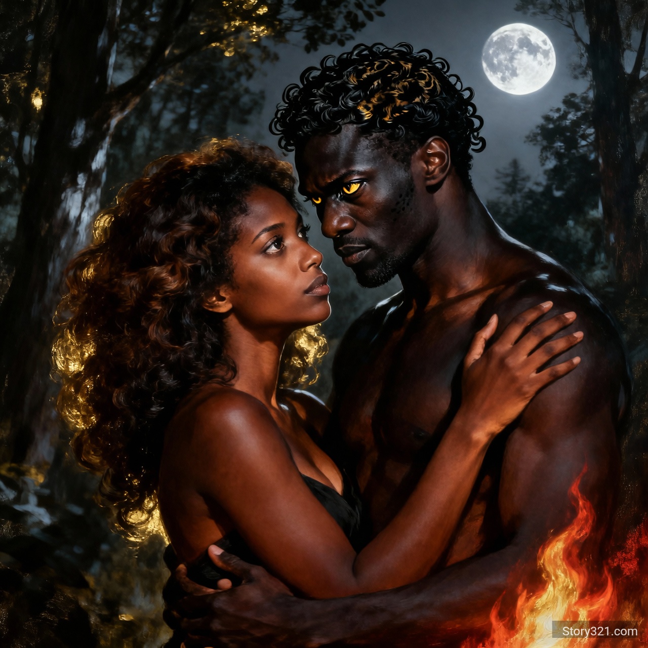 Una escena íntima y poética bajo la luna llena: una mujer de piel morena con pelo rizado es abrazada por un hombre aún más moreno, con rizos más apretados. Su mirada es intensa, como la de una pantera que protege y desea. Están rodeados de sombras y luz tenue, en un bosque oscuro y silencioso. La atmósfera es sensual, prohibida y emocionalmente cargada, con deseo, ternura y fuego contenido. La luna los observa como única testigo. Estilo artístico, realista, con tonos oscuros y cálidos.
