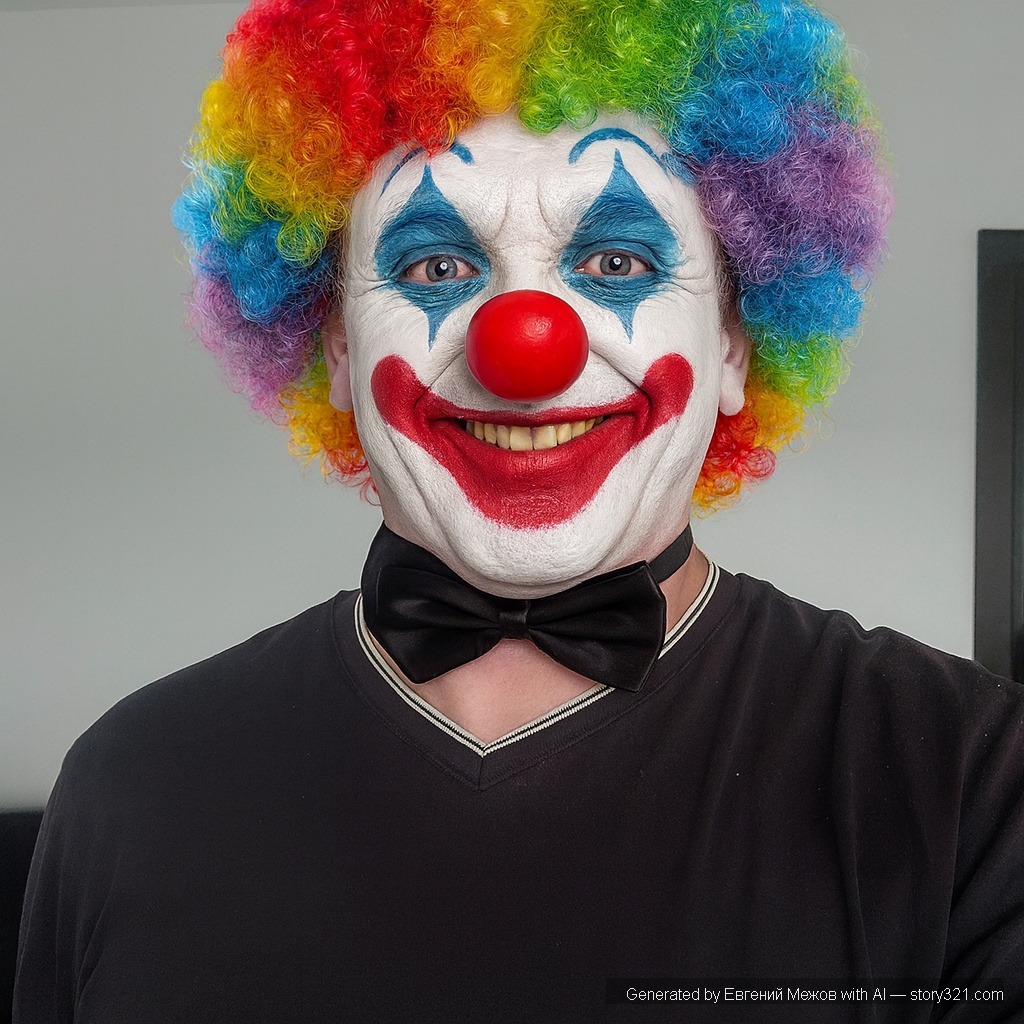transform the person in the photo into a clown, with a white face, a big red nose, and colorful makeup. Add a clown wig and a cheerful but slightly creepy smile.