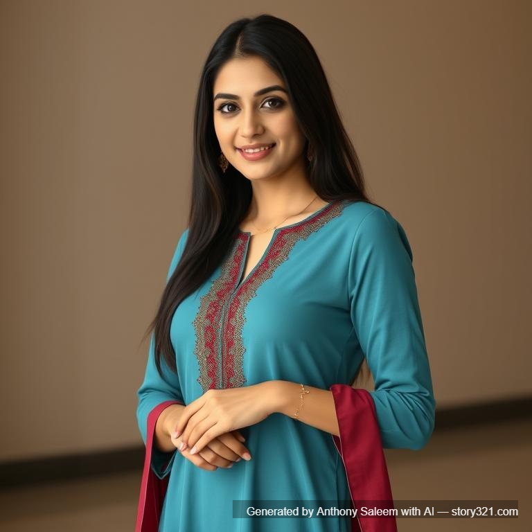 A young Pakistani woman in a modern, stylish shalwar qameez, with natural Pakistani features, long dark hair, and a friendly smile. Outfit is fitted but elegant, modest yet fashionable, in bright colors like teal or maroon, with light jewelry. She is standing in good lighting, looking directly at the camera