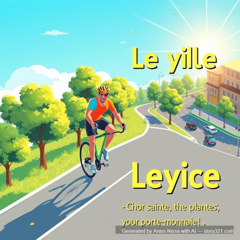 Une affiche dynamique et percutante mettant en avant les bienfaits du vélo sur la santé, l'environnement et les économies : un cycliste énergique en mouvement, vêtu de couleurs vives, pédalant sur une piste entourée de nature luxuriante avec arbres verts et ciel bleu clair. Détails : rayons de soleil éclatants, silhouettes de feuilles flottantes symbolisant l'écologie. Texte accrocheur en lettres bold et modernes : « Le vélo, c’est bon pour la santé, la planète et votre porte-monnaie ! ». En arrière-plan, une ville propre avec des pistes cyclables, voitures réduites, ambiance lumineuse et optimiste. Style graphique moderne, couleurs vives et contrastées, composition équilibrée pour attirer l’attention, sensation de mouvement et énergie positive.