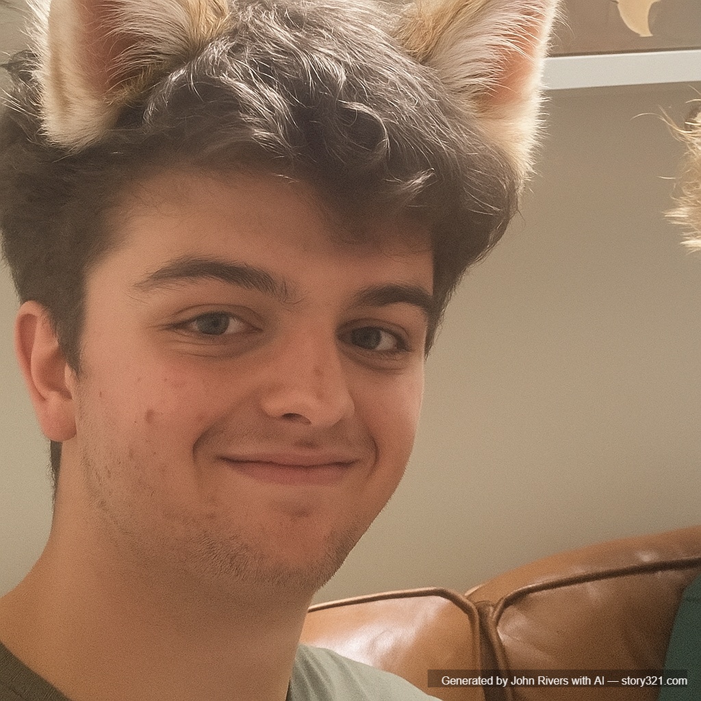 add a pair of cute cat ears to the head of the person in the photo. The ears should look fluffy and realistic, matching the person's hair color and blending in naturally.