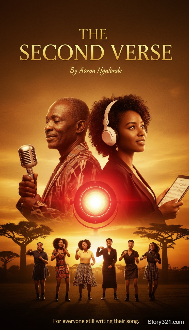 Cinematic poster: 58yo Malawian music legend & 26yo daughter stand back-to-back, shoulders almost touching. He holds vintage mic, she wears modern headphones. Red studio light glows between them. Golden African sunset, girl group below. Warm, emotional, hopeful. Title: The Second Verse. Credit: By Aaron Ngalonde, Logline : "For everyone still writing their song."