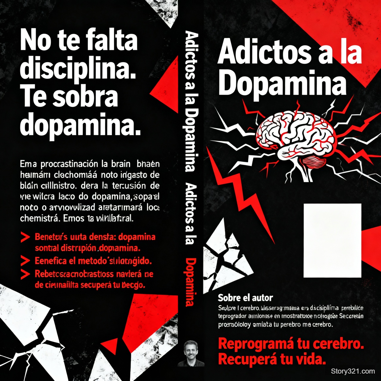 Contraportada del libro “Adictos a la Dopamina” con estilo brutalista. Usa fondo negro, detalles en rojo y tipografías sans serif fuertes. Mantén coherencia visual con la portada mediante líneas eléctricas, fracturas y elementos neuronales abstractos que transmitan tensión, control mental y ruptura de hábitos. No incluyas personas. Deja un espacio visible en la zona inferior derecha para la foto del autor. Organiza el contenido así: frase inicial “No te falta disciplina. Te sobra dopamina.”, párrafo que exponga cómo la procrastinación es efecto químico del cerebro y no falta de voluntad, bullets con beneficios del método y una sección “Sobre el autor” debajo del espacio reservado. Cierra con el CTA: “Reprogramá tu cerebro. Recuperá tu vida.” y respeta la paleta negro/rojo/blanco

