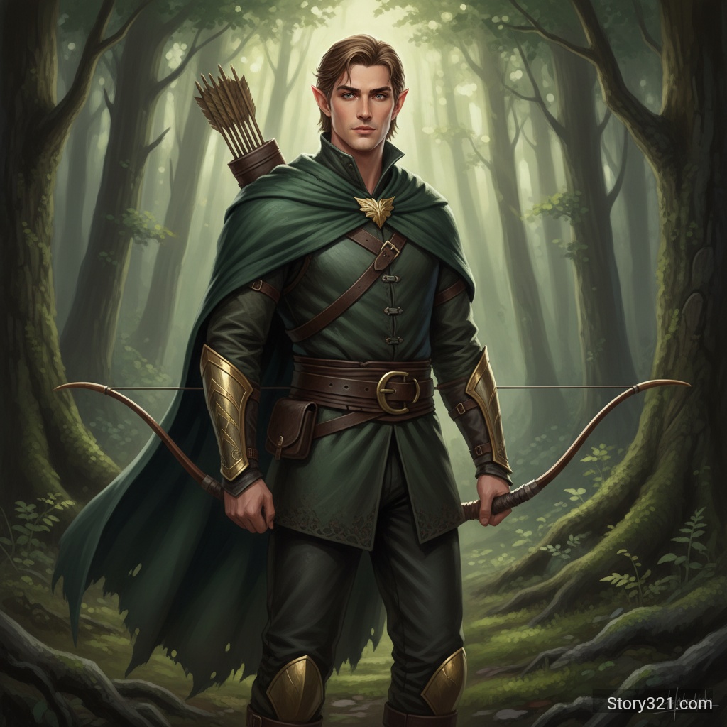 oc de Calabozos y dragones, hombre elfo atractivo alto, de piel pálida y cabello castaño claro, vestido de ropa ajustada de explorador con un cinturón grueso en la cintura, con muñequeras de metal con una capa de oro y ojos marrones