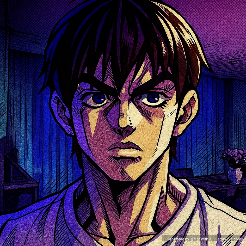 transform the photo into an anime character in the style of Jojo's Bizarre Adventure, with sharp and stylized features, dramatic shadows, and a unique color palette.