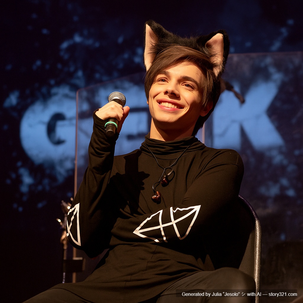 add a pair of cute cat ears to the head of the person in the photo. The ears should look fluffy and realistic, matching the person's hair color and blending in naturally.