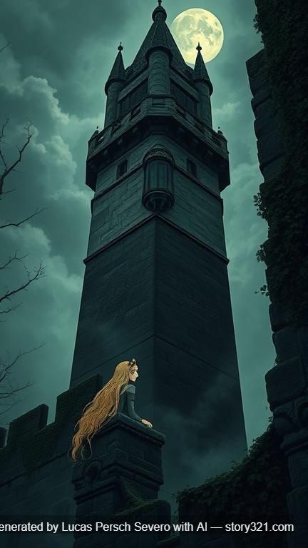 A sad princess with long golden hair sitting by the window of a tall, crumbling stone tower, surrounded by ivy-covered castle walls, cloudy sky in the background.