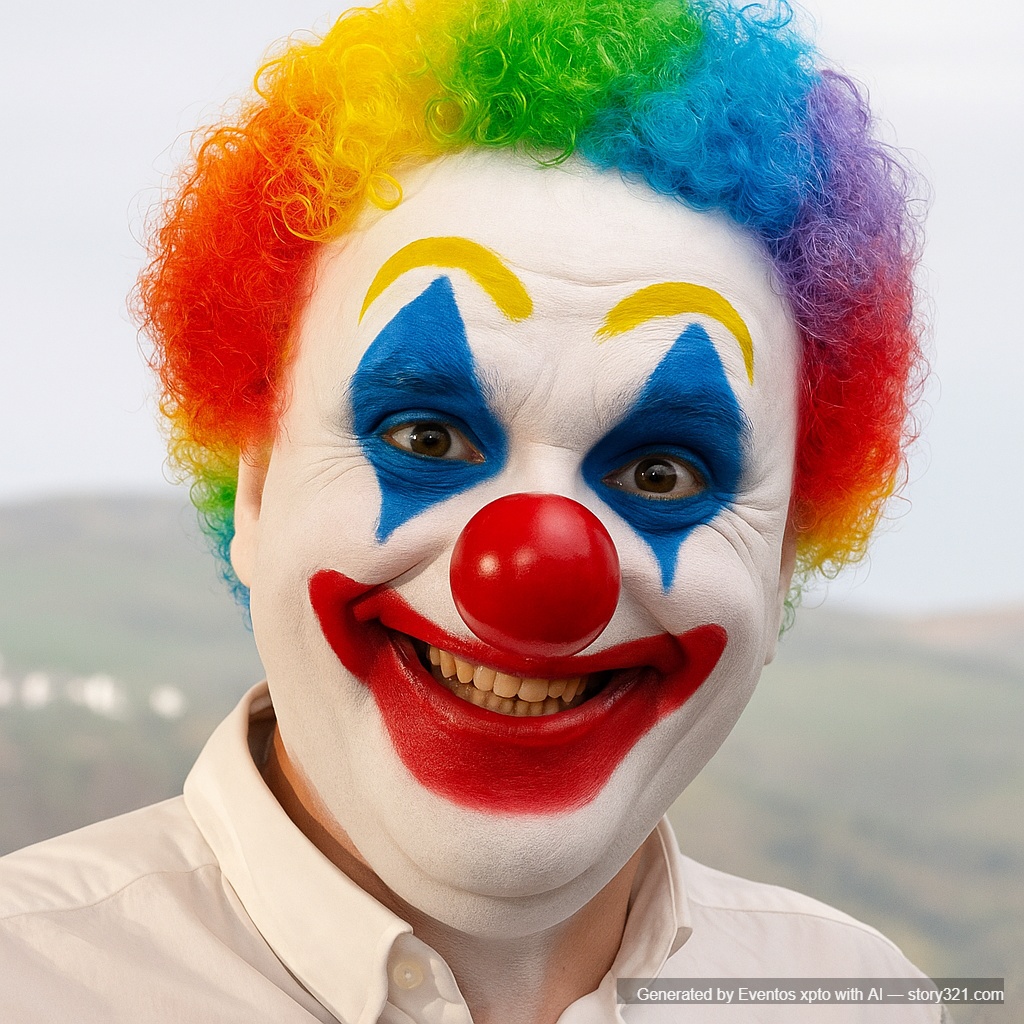 transform the person in the photo into a clown, with a white face, a big red nose, and colorful makeup. Add a clown wig and a cheerful but slightly creepy smile.