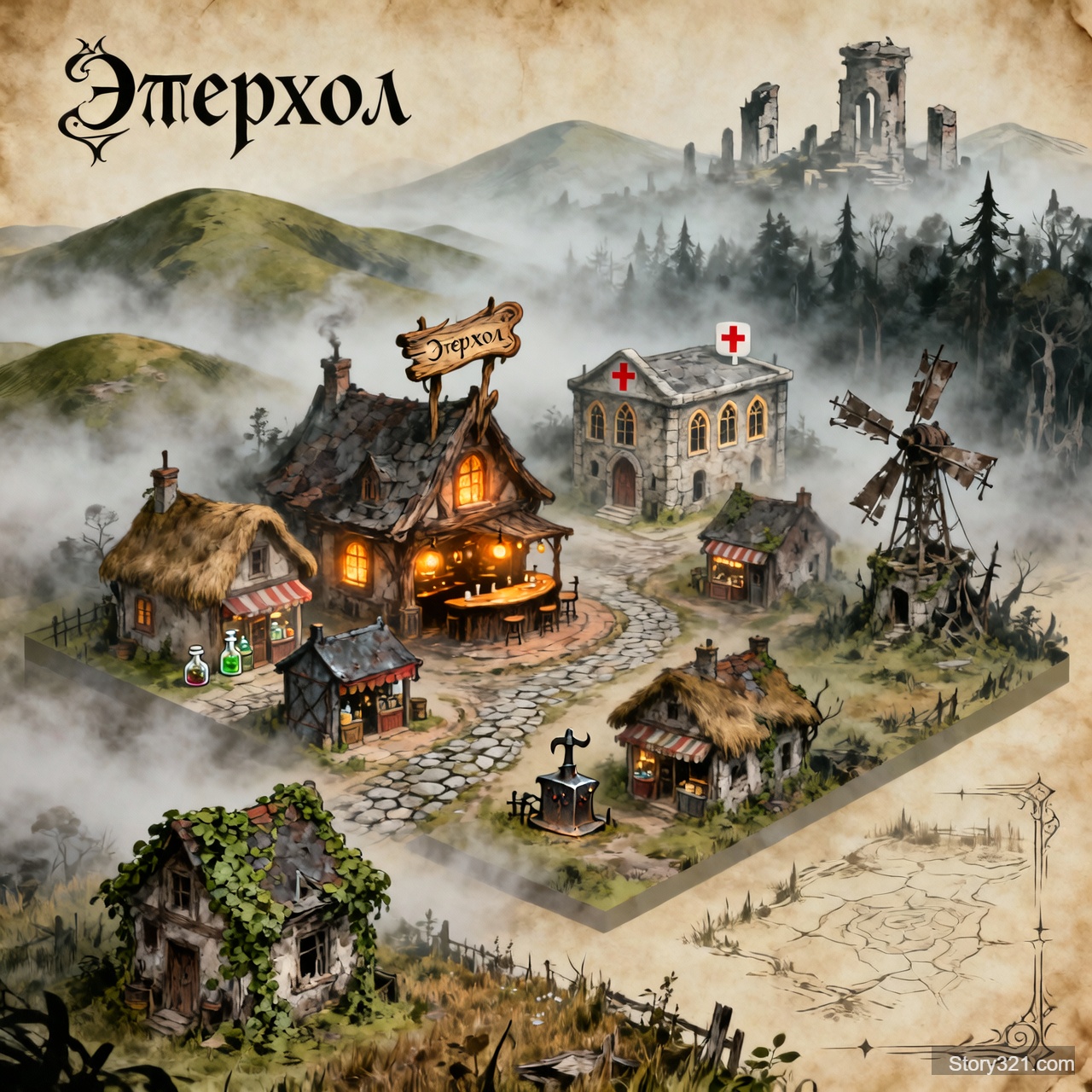 создай небольшой город на карте под названием Этерхол, там есть таверна и немного магазинов. атмосфера средневековья-фэнтези. на юге находится заброшенный дом и мельниц с полем, рядом есть лес. так же в городе есть больница. сам город постоянно находится в тумане.
