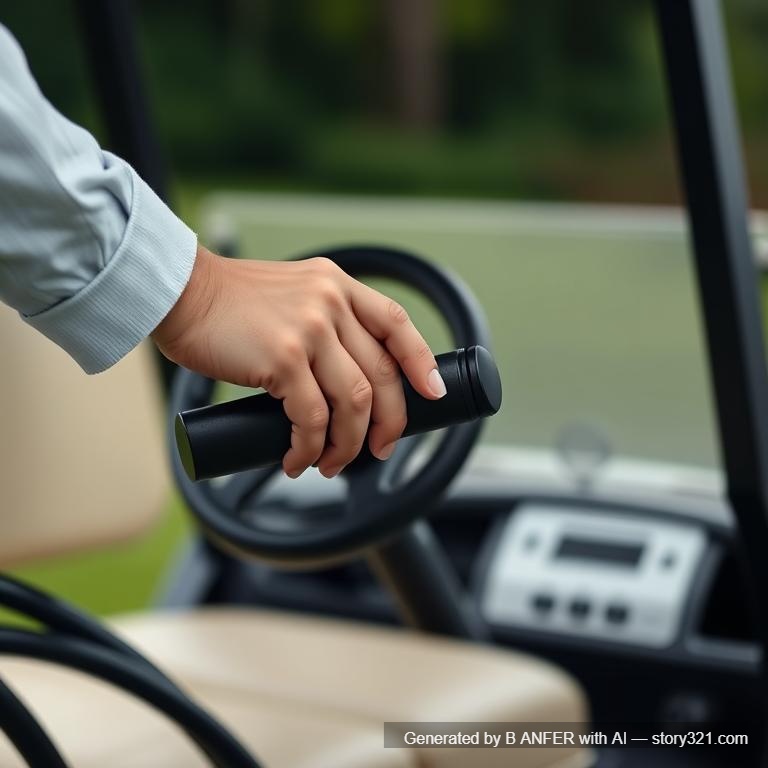Shot: The model presses the side button on the handle with their hand, then begins to gently push the golf cart forward.