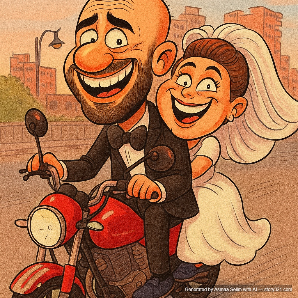 تحويل الصورة لكاريكاتير  لعريس وعروسة تعابير وجه كوميدية. يجب أن يكون العريس ببدلة  والعروسة بفستان زفاف 
