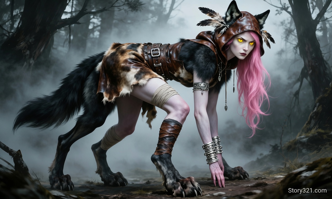 Mujer híbrida de lobo con pelaje oscuro, vestida con vestido de piel corto ajustado con un cinturón grueso en la cintura, piernas largas con patas de lobo vendadas hasta el muslo, usa capucha de cuero con plumas que dejan salir sus ojeras, de piel pálida y ojos amarillos con cabello rosa, muñequeras de cuero y plata