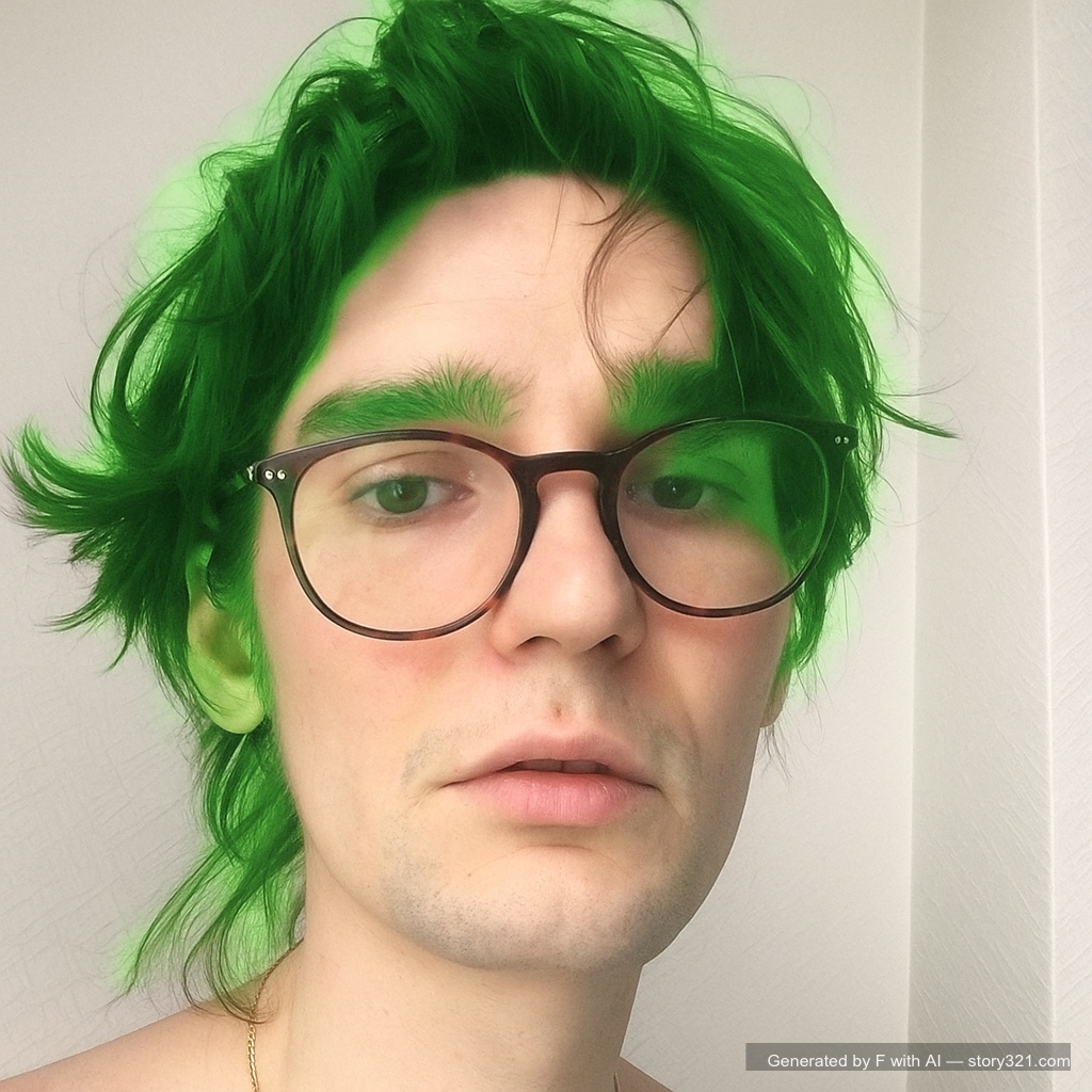 apply a green hair filter, making the hair a vibrant green color, keeping the rest of the image natural