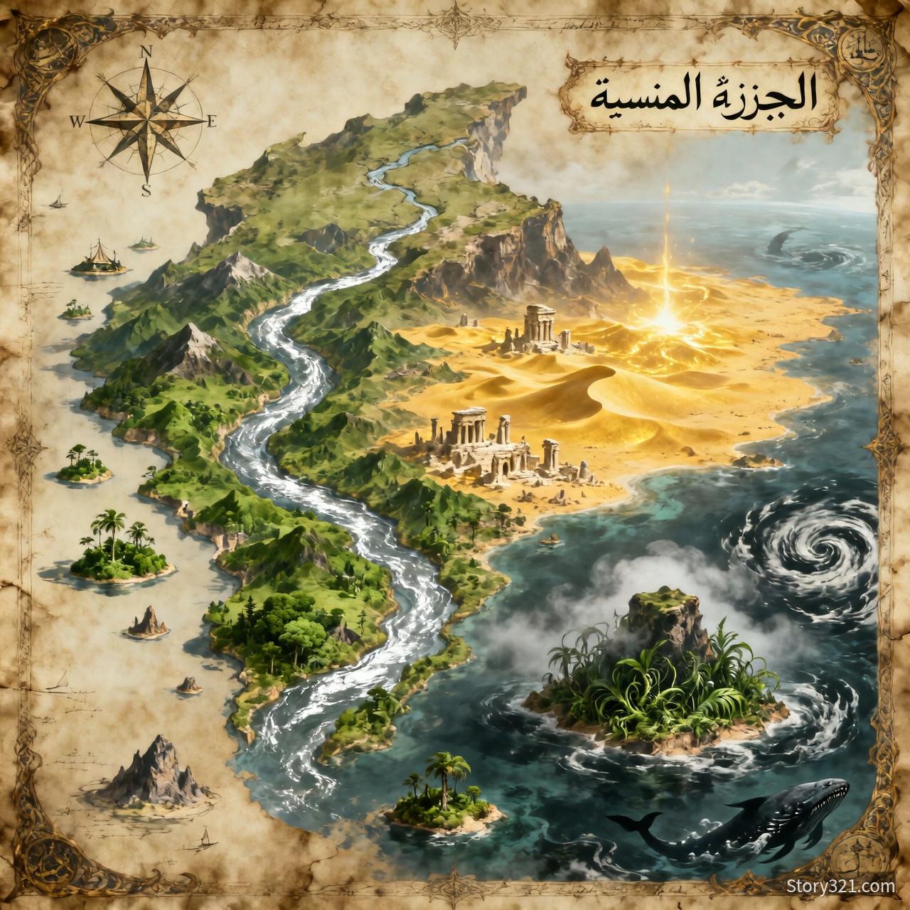 قارة واحد كبيرة يحد ربعها نهر عملاق والشرق يحظه صحراء عملاقة ةيجود جزر واكثر جزيرة بعيدة اسمها الجزيرة المنسية التي تقع بعد بحر الوحوش