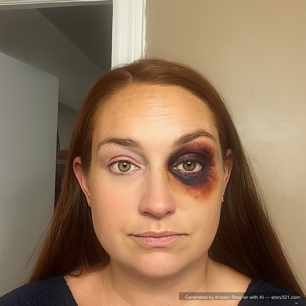 add a realistic black eye to the person in the photo. The bruising should look fresh and natural.