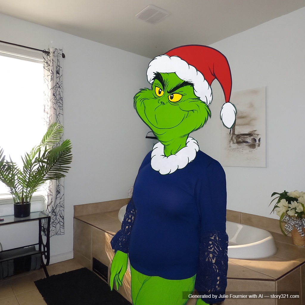transform the person in the photo into the Grinch, with green fur, a cynical grin, and a Santa hat. The style should be reminiscent of the classic Dr. Seuss character.