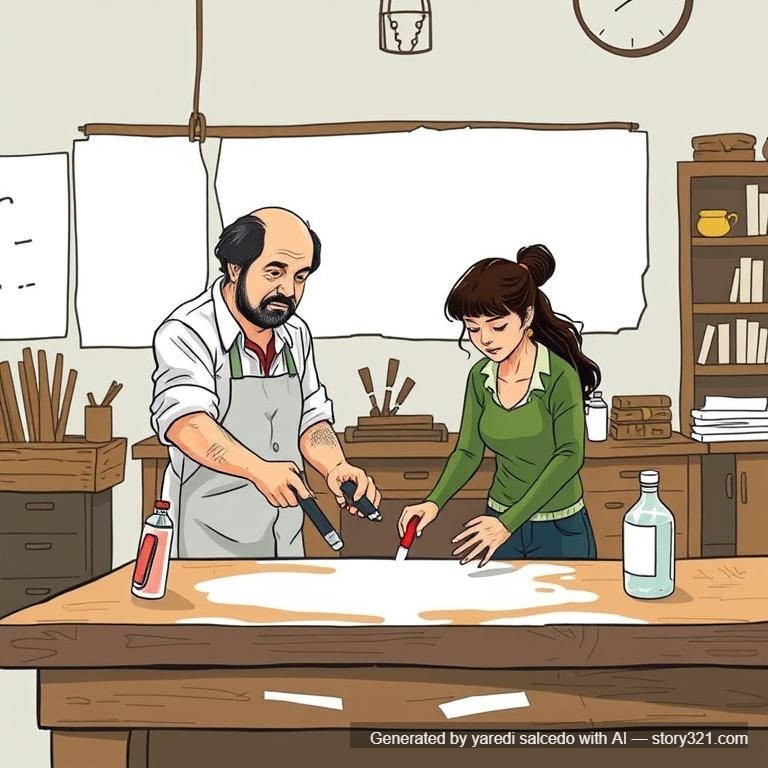 camila se dirige al profesor ernesto en este taller el cual se encuentra limpiando una barra de acero. estilo de novela grafica