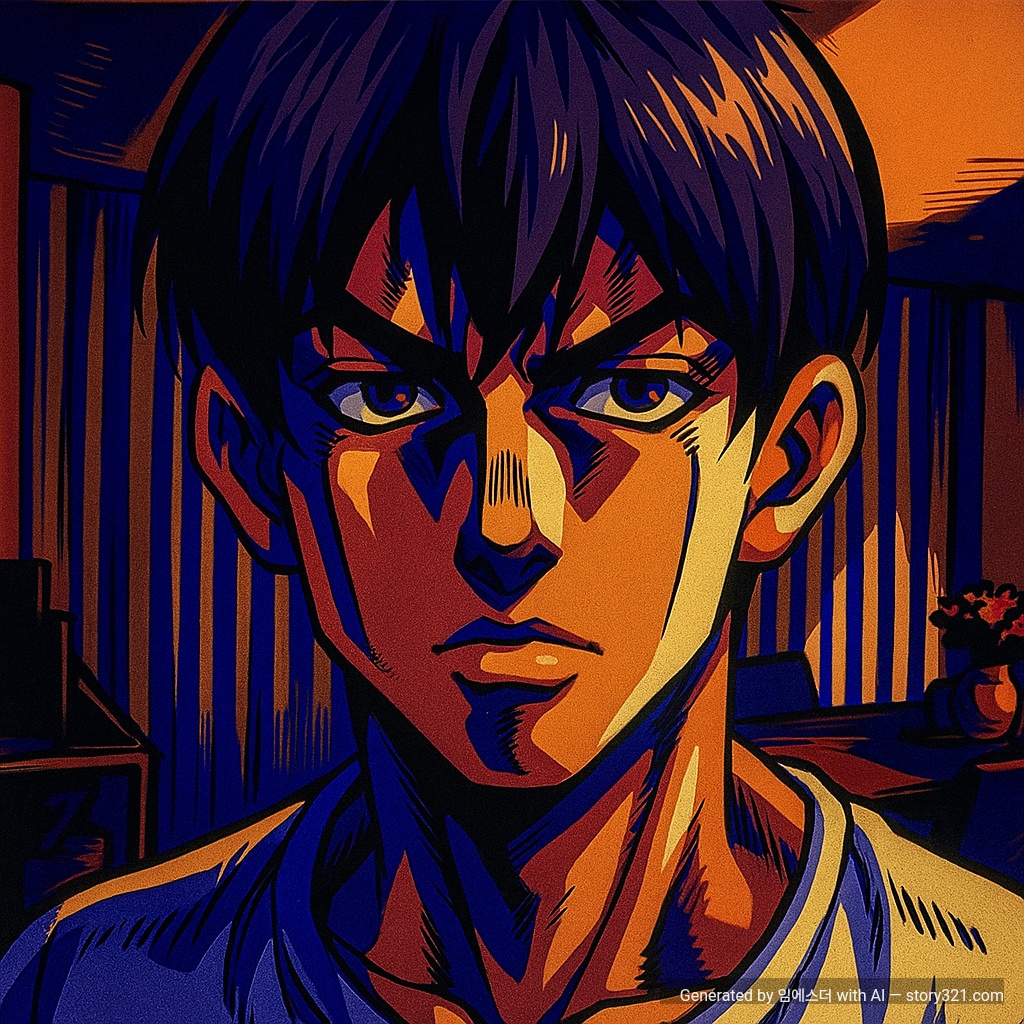 transform the photo into an anime character in the style of Jojo's Bizarre Adventure, with sharp and stylized features, dramatic shadows, and a unique color palette.