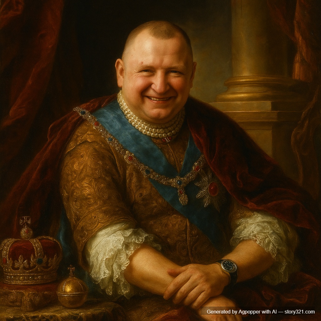 transform the photo into a classical royal portrait painting in the style of historical European royal portraits. The person should be dressed in elegant royal attire with rich fabrics, jewels, and ornate clothing. Add a regal background with luxurious elements like velvet curtains, golden frames, or palatial settings. The painting style should be reminiscent of classical portrait masters with rich oil painting textures and dramatic lighting.