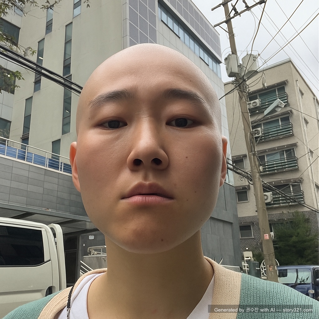 make the person in the photo look completely bald, removing all hair from their head. The result should look natural and realistic.