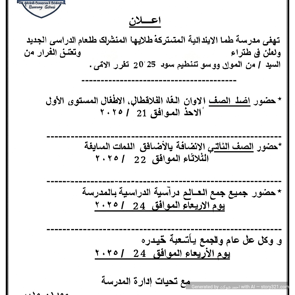 عدل علي الصورة دي في الكتابة كالاتي
اولا: الغي الفراغ بين كلمة ضوء وكلمة القرار
ثانيا : التاريخ في يوم الاحد الموافق  عدله الي  (٢١/٩/٢٠٢٥)
ثالثا : التاريخ في يوم الاثنين الموافق عدله الي ( ٢٢/٩/٢٠٢٥)  واضف جملة ( والمستوي الثاني ) بجوار جملة ( الصف الثاني )
رابعا : التاريخ في يوم الثلاثاء الموافق عدله الي  ( ٢٣/٩/٢٠٢٥ )
خامسا :  التاريخ في يوم الاربعاء الموافق  عدله الي ( ٢٤/٩/٢٠٢٥)


