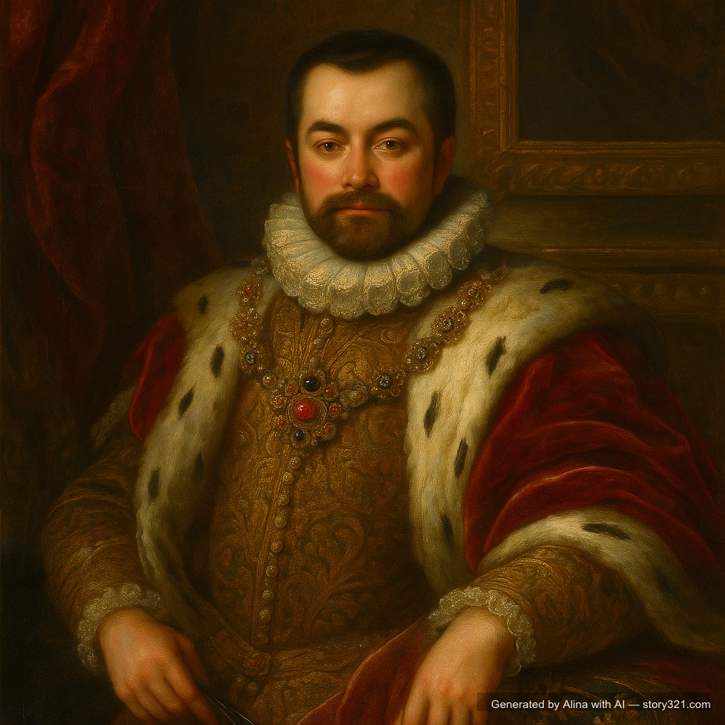 transform the photo into a classical royal portrait painting in the style of historical European royal portraits. The person should be dressed in elegant royal attire with rich fabrics, jewels, and ornate clothing. Add a regal background with luxurious elements like velvet curtains, golden frames, or palatial settings. The painting style should be reminiscent of classical portrait masters with rich oil painting textures and dramatic lighting.