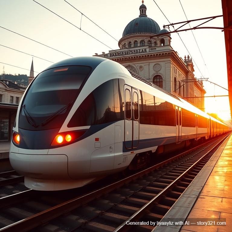 cinematic wide shot of a modern Turkish high-speed train (TCDD YHT, Siemens Velaro TR model) departing from Haydarpaşa Station in Istanbul at sunrise, soft orange light reflecting on the train's white-blue body, historical station building in the background, slight lens flare, realistic photography style, warm morning tones, clear sky, rails gleaming, realistic detail, 16:9 frame