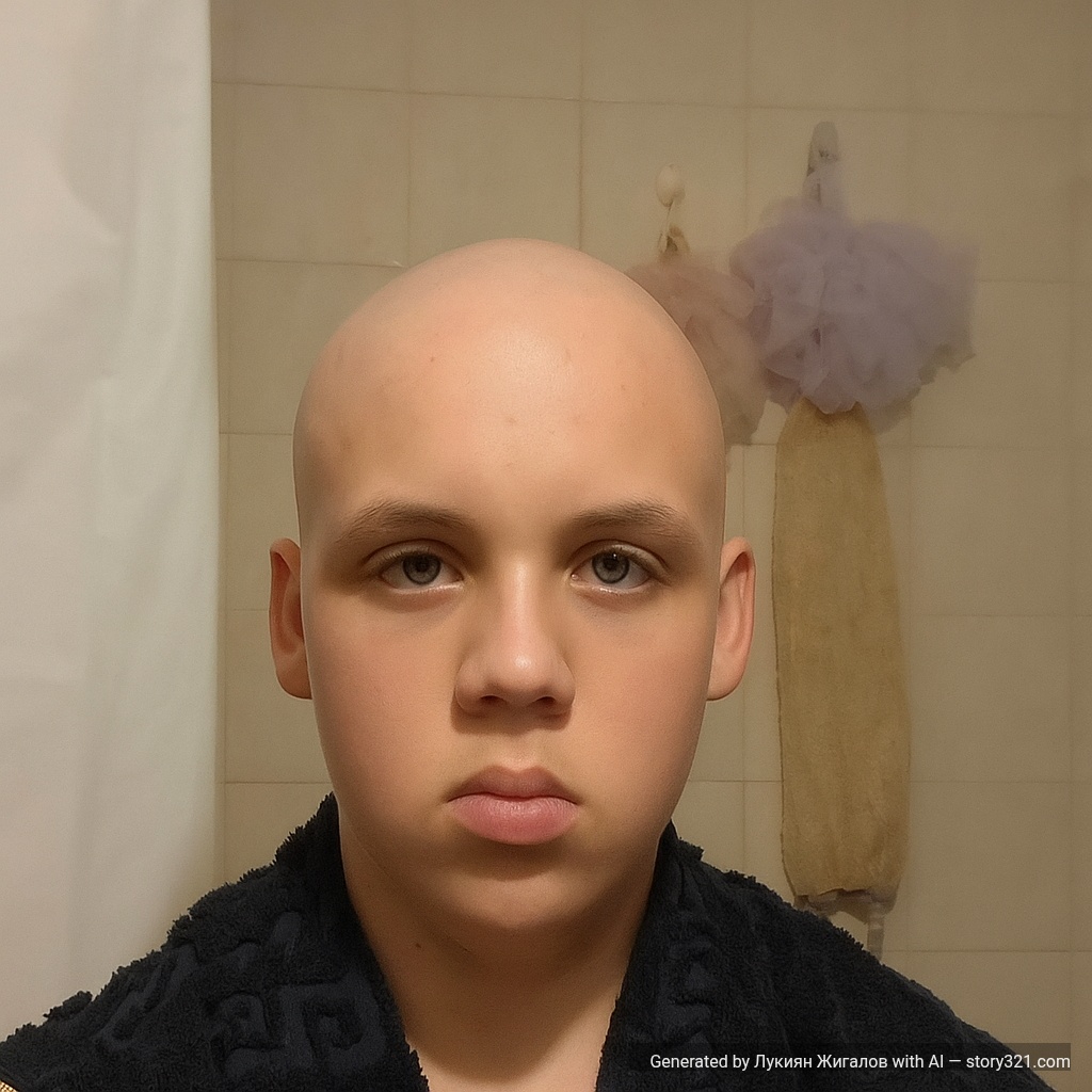 make the person in the photo look completely bald, removing all hair from their head. The result should look natural and realistic.