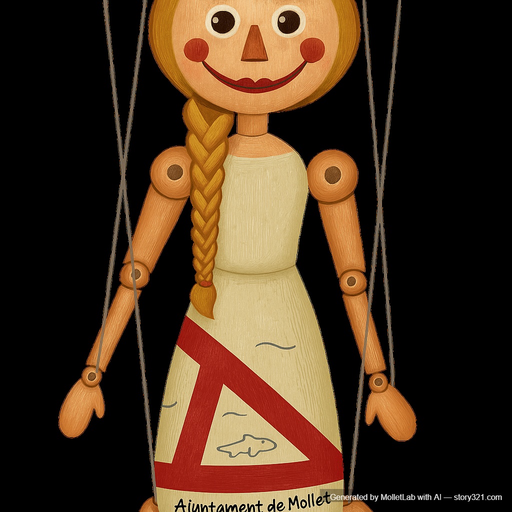 transform the person in the photo into a marionette puppet design. Add visible puppet strings attached to their limbs and head, wooden joints at elbows, knees, and wrists, and give them a stylized puppet-like appearance with painted features. The overall look should be whimsical and theatrical, as if they are a beautifully crafted wooden marionette.