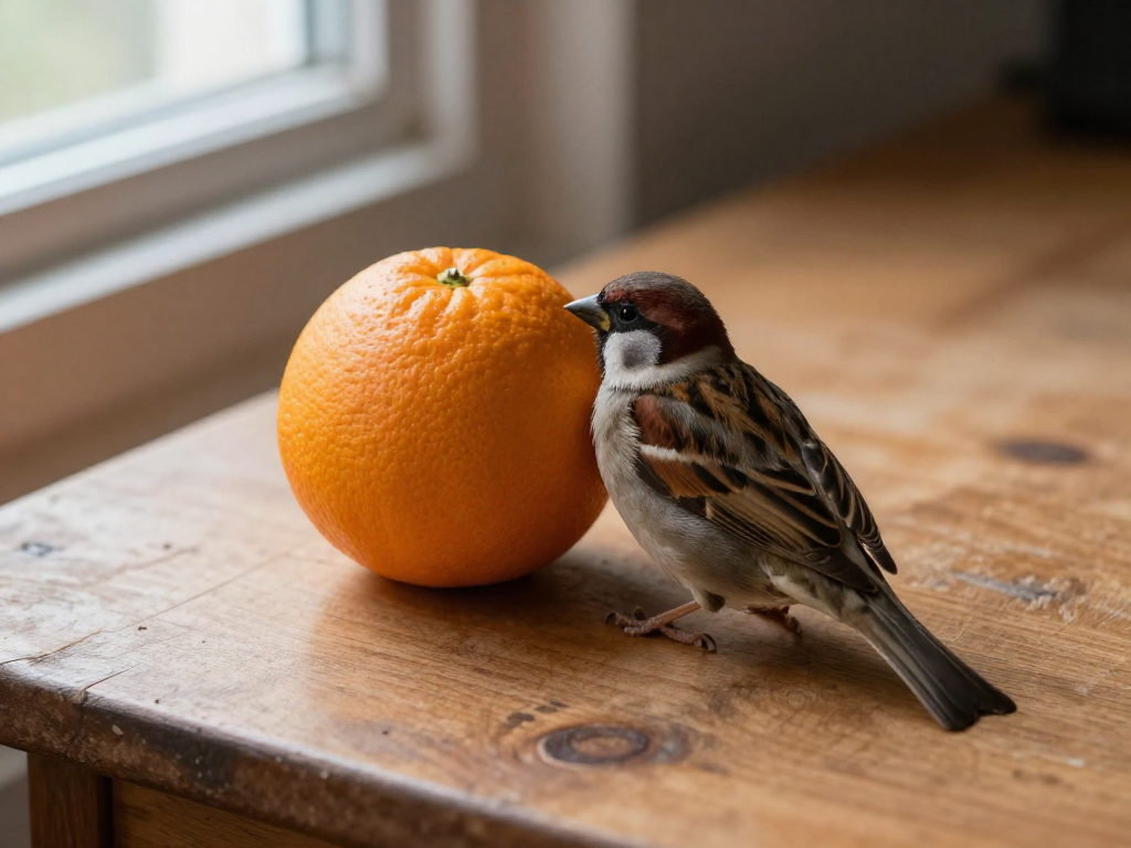 an orange and a bird on the desk
