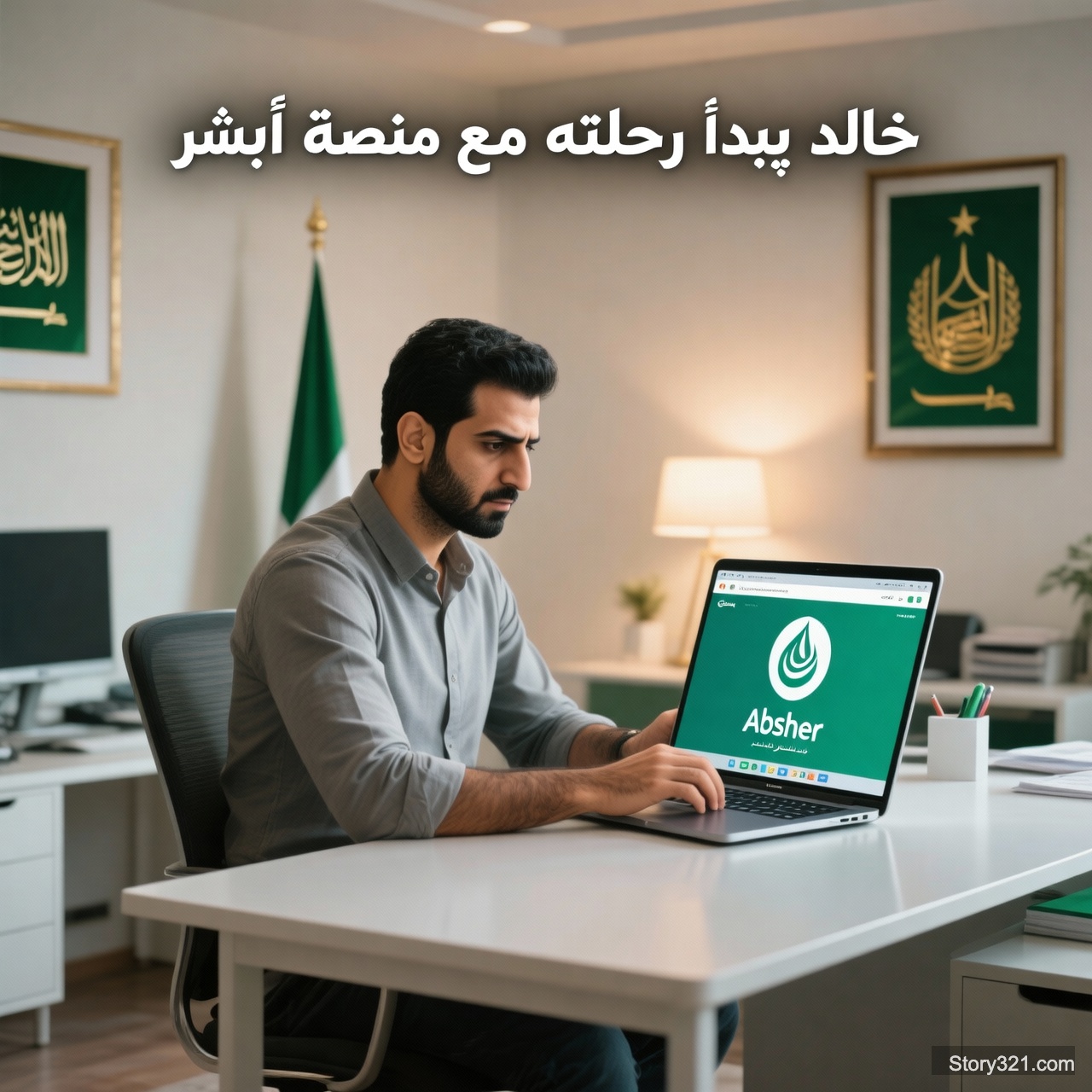 1️⃣ المشهد 1:
خالد يجلس أمام اللابتوب، يفتح متصفح الإنترنت.
🖥️ على الشاشة يظهر شعار منصة أبشر.
✨ النص في الأعلى:
