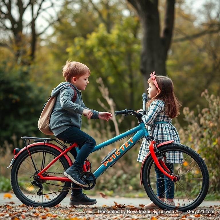 create a boy and girl talking about lost bike