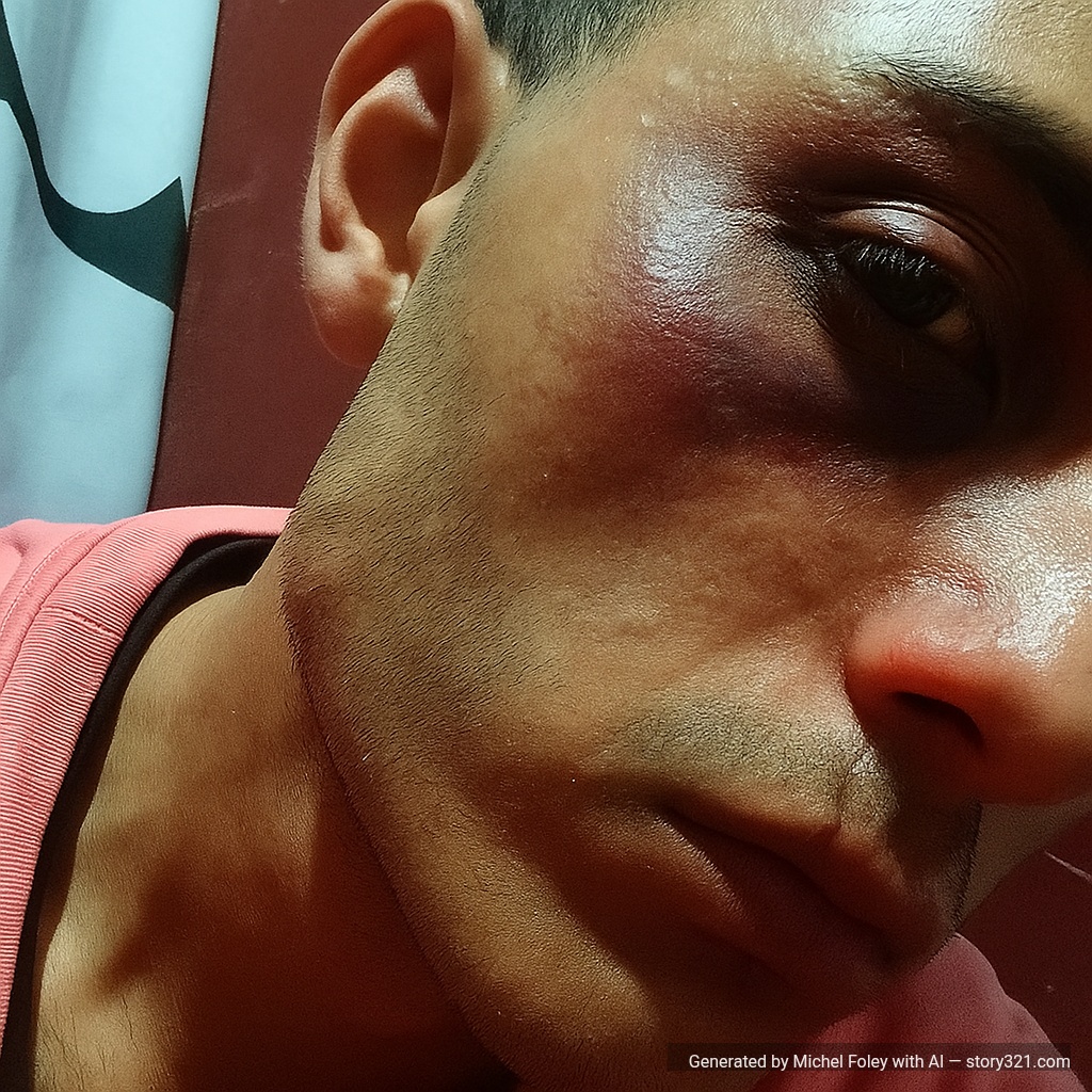 add a realistic black eye to the person in the photo. The bruising should look fresh and natural.