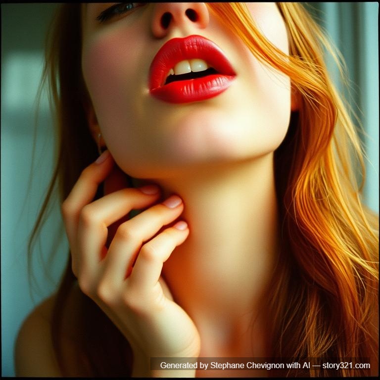 jolie jeune rousse avec une belle poitrine dans le style réaliste, nue, à genou face à moi qui a la bouche grande ouverte, une main sur sa poitrine et l'autre main sur son entre-jambe