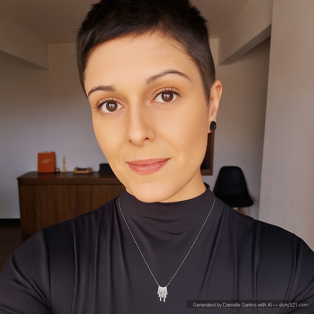 fazer essa foto com corte de cabelo estilo pixie com o cabelo raspado na nuca e mais volumoso em cima

